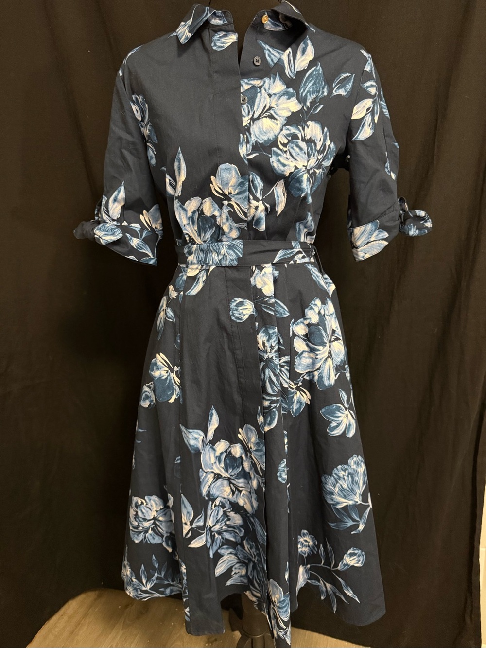 Navy Floral Midi Shirt Dress with Belt - Calvin Klein